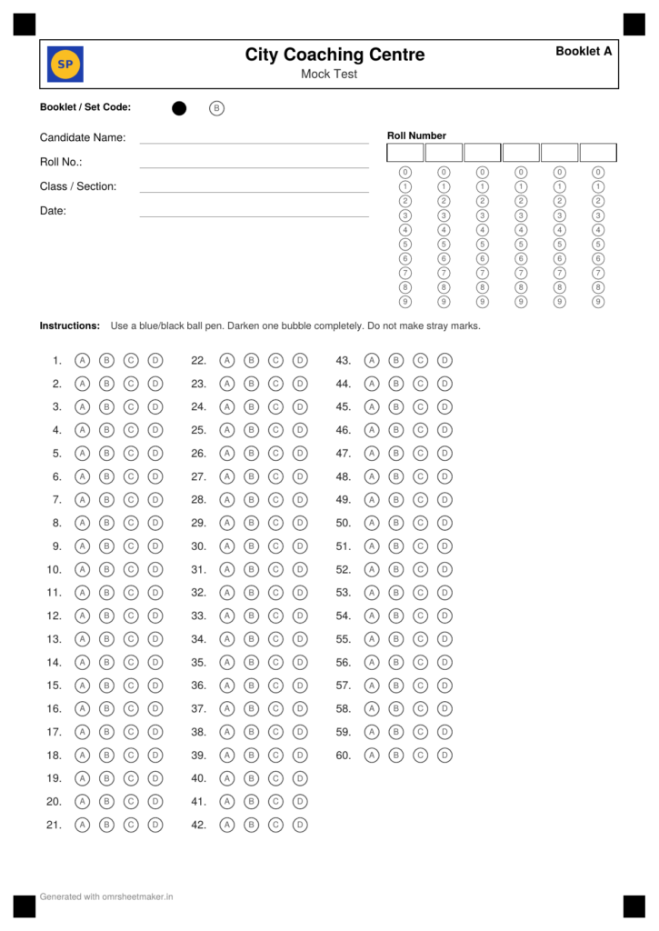 Filled OMR answer sheet with booklet set code, ready for automatic checking