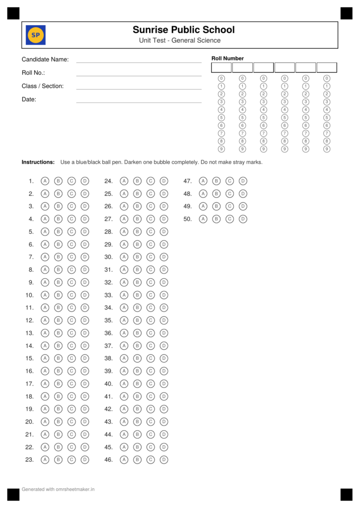 50-question OMR answer sheet with roll number grid, generated by OMR Sheet Maker