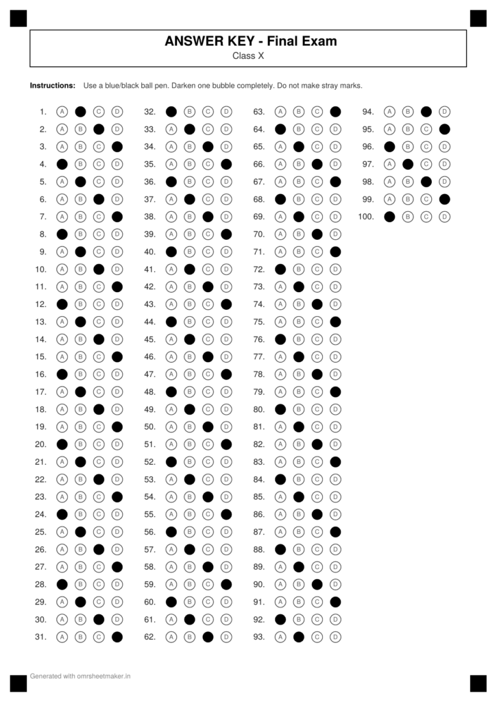Answer key with correct-option bubbles marked, generated by OMR Sheet Maker