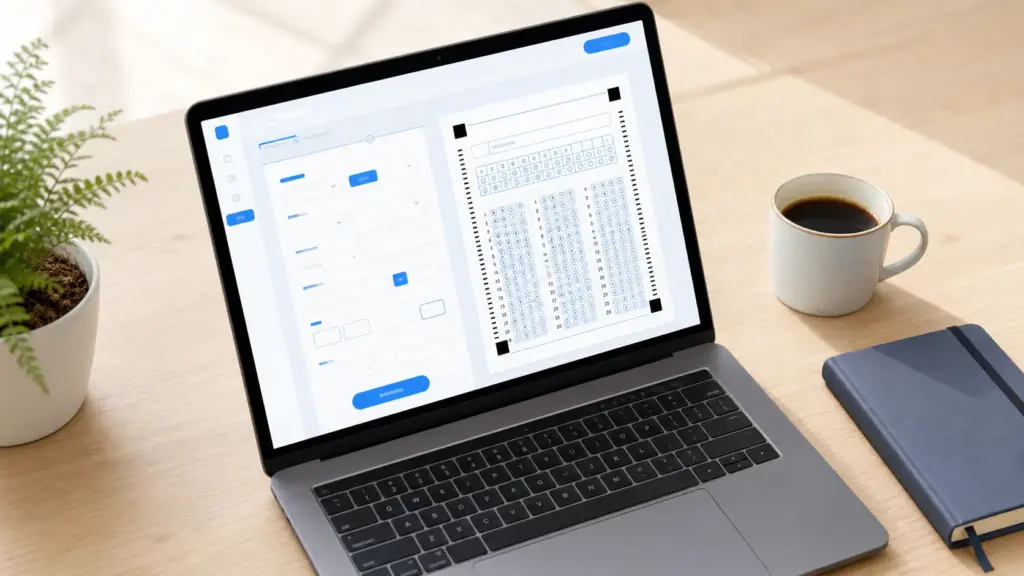 Laptop showing an OMR sheet being generated online