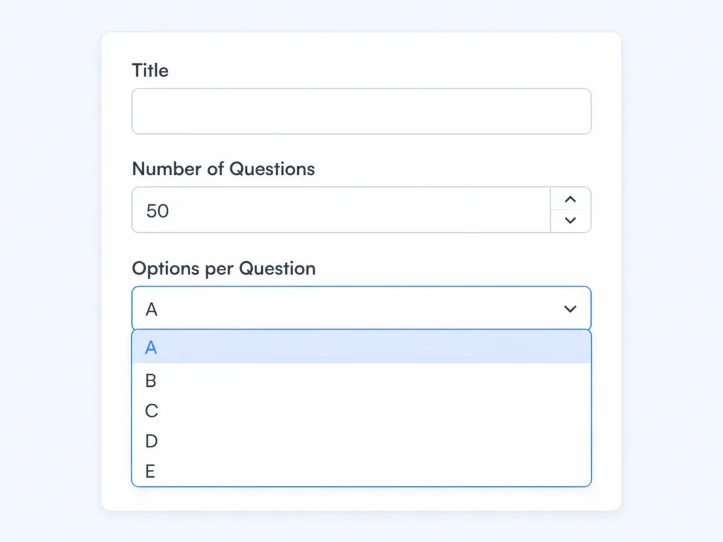 Form fields for setting question count and answer options on an OMR sheet