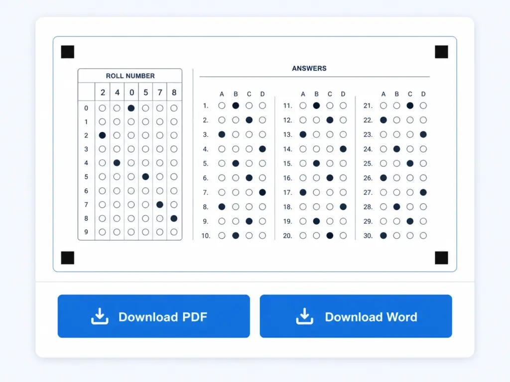 Download buttons for exporting an OMR sheet as PDF or Word