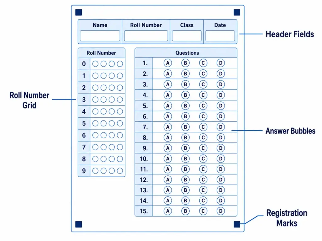 Diagram labeling the parts of a standard OMR sheet — header fields, roll number grid, question bubbles, and registration marks
