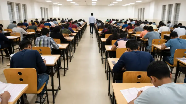 Students filling OMR sheets during a coaching institute mock test